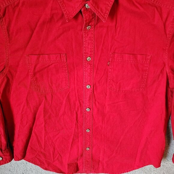 Levi's Jeans Red Denim Long Sleeve Metal Button Up Shirt Size XL Y2K 100% Cotton - Picture 6 of 12